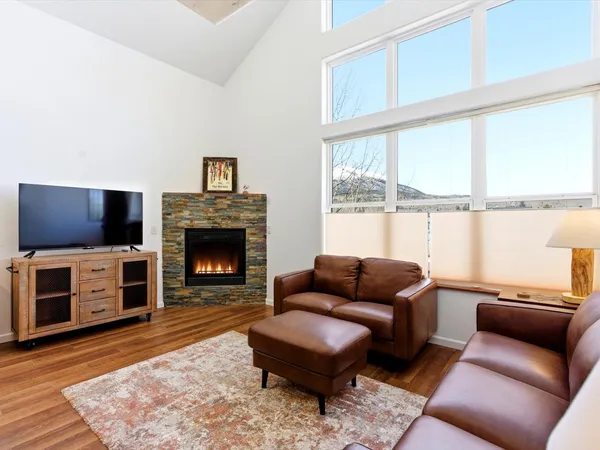 a living room with furniture a flat screen tv and a fireplace
