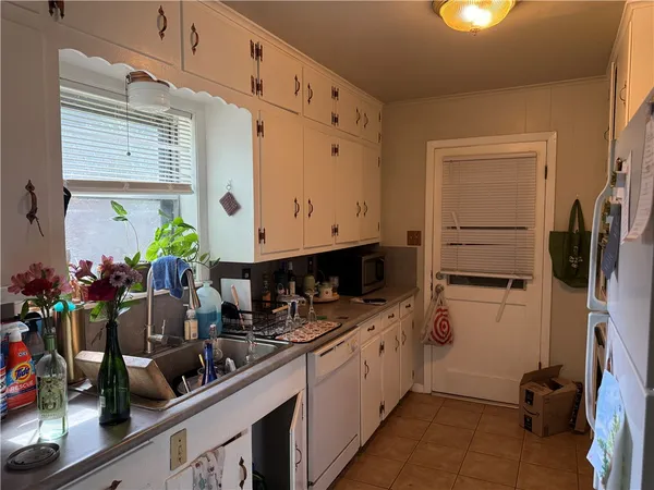 a kitchen with stainless steel appliances white cabinets and a potted plant