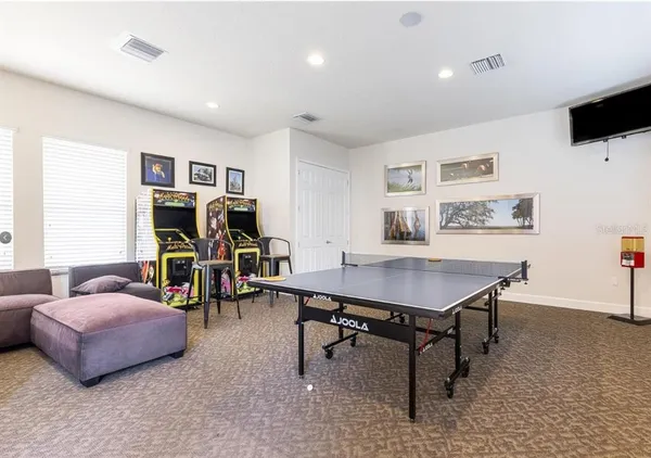 a room with furniture pool table and a flat screen tv