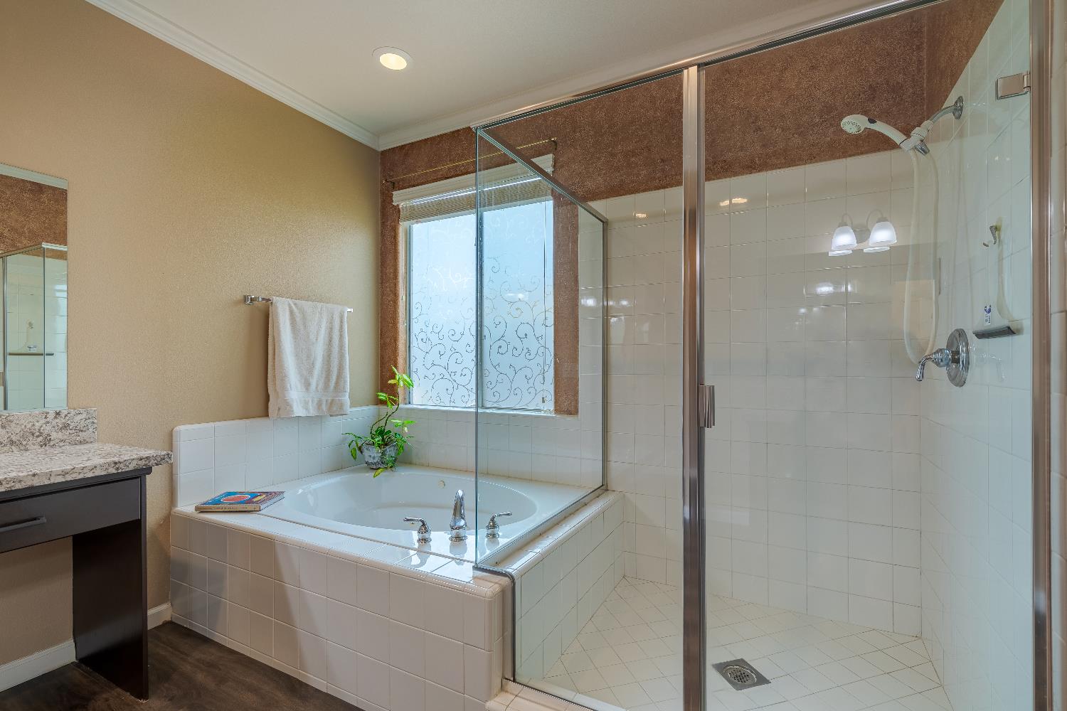 2222 Carson Avenue Clovis, CA 93611 - Photo 25 of 41 a bathroom with a granite countertop sink a mirror and shower