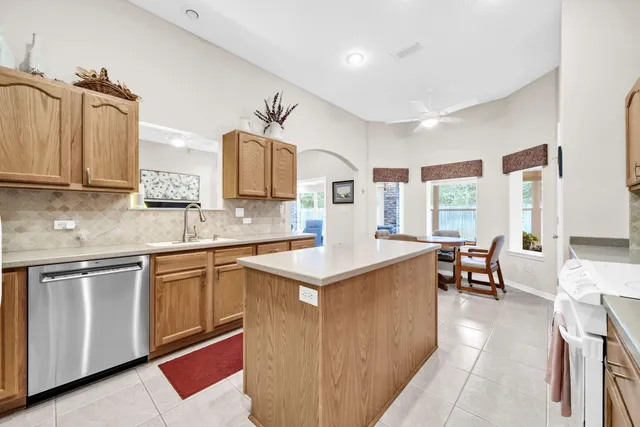 a kitchen with counter top space