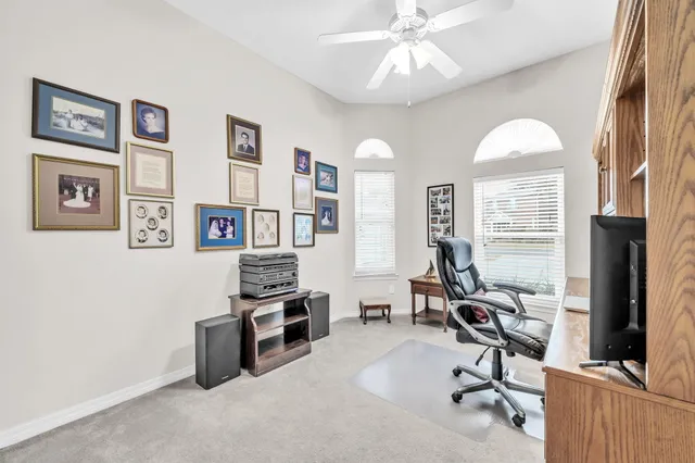 a view of workspace with cabinets