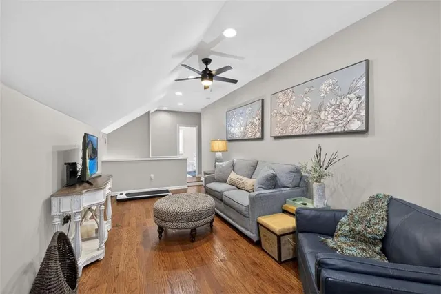 a view of a lake with a yard