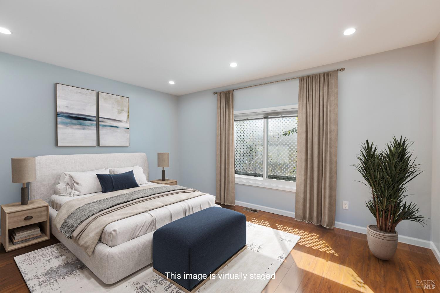 363 Glacier Way San Rafael, CA 94903 - Photo 7 of 20 a bedroom with a large bed and a potted plant