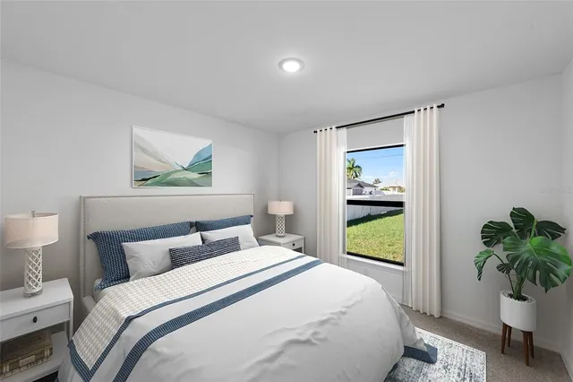 a bedroom with a bed and a painting on the wall