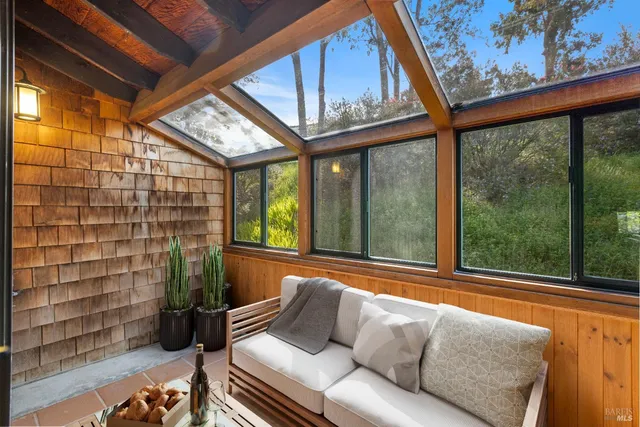 a living room with furniture and a potted plant