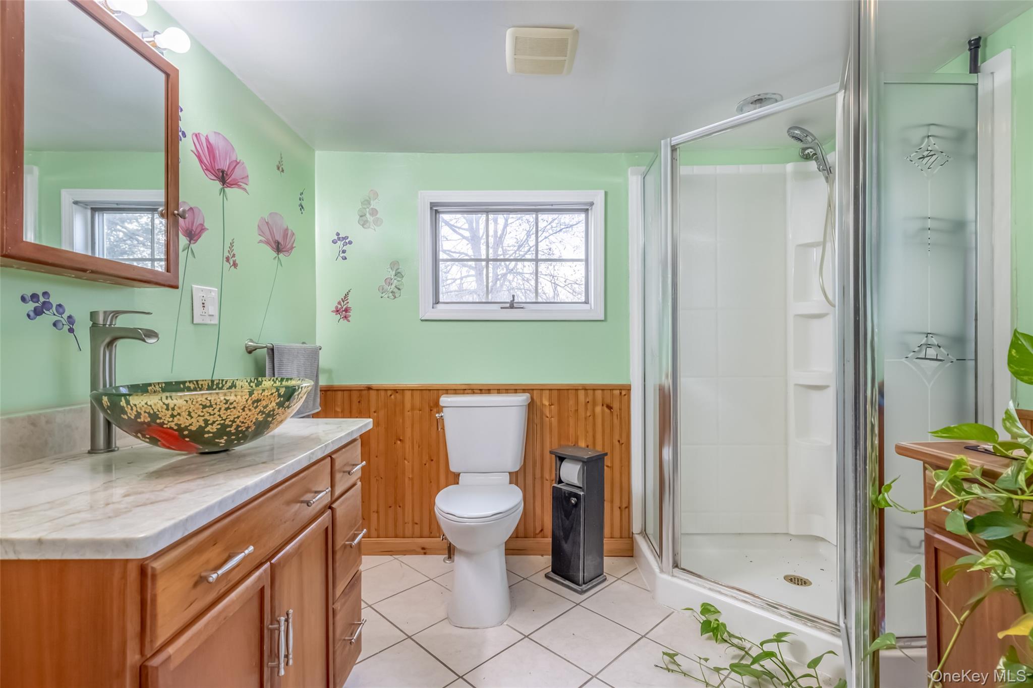 1896 Rte 44 55 Modena, NY 12548 - Photo 43 of 48 Bathroom with vanity, a wainscoted wall, a stall shower, light tile patterned flooring, and wooden walls