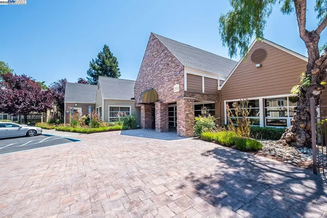 a view of a brick house with a yard plants and large tree