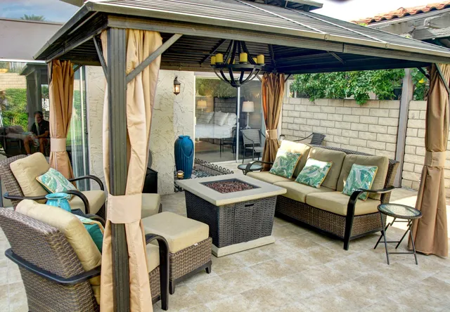 a view of an outdoor sitting area