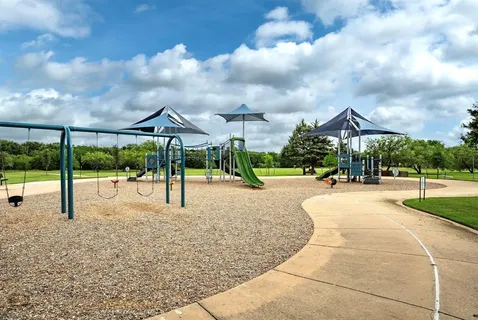 a view of a playground with a garden