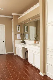 a bathroom with a sink mirror and vanity