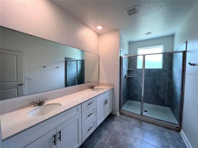 a bathroom with a double vanity sink mirror and shower