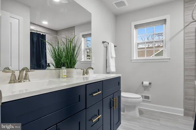 a bathroom with a double vanity sink toilet and a mirror