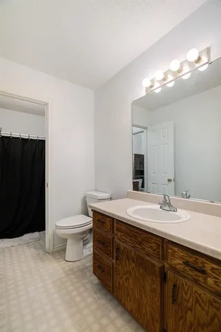 a bathroom with a sink a toilet and a large mirror