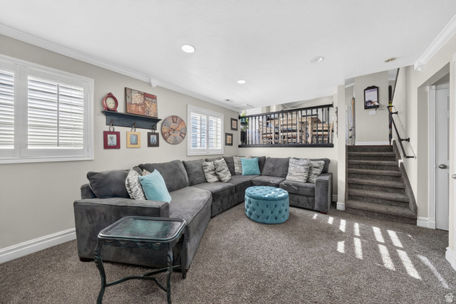 415 East 400 North Santaquin, UT 84655 - Photo 11 of 39 Lower-level living area featuring neutral-toned carpeting and recessed lighting