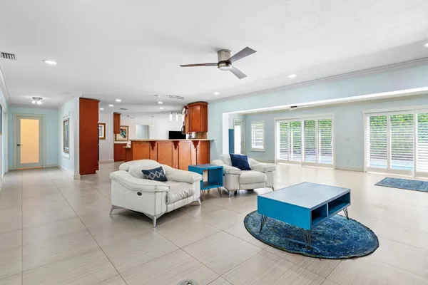 a living room with furniture and a potted plant