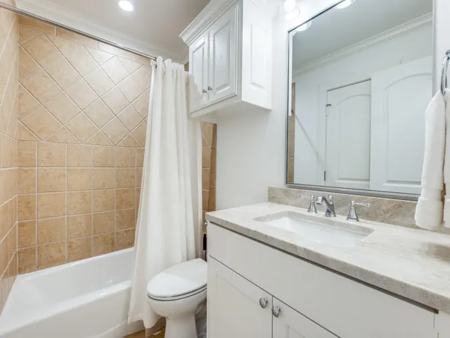 a bathroom with a granite countertop sink a toilet and shower