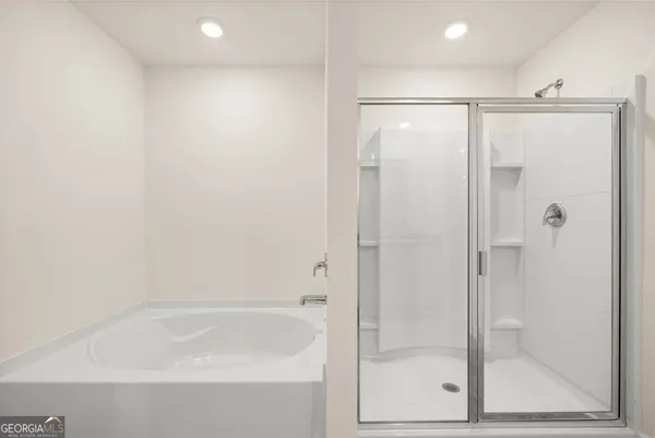 a bathroom with a bathtub and a shower