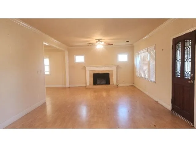 a open hall with a fireplace