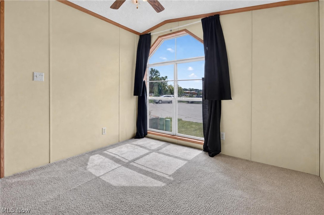 35157 Center Ridge Road, Unit 153 North Ridgeville, OH 44039 - Photo 12 of 35 Vaulted ceiling with ceiling fan, large picture window, light-toned carpeting, and wood-finish trim accents