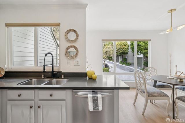 a view of a dining room with furniture
