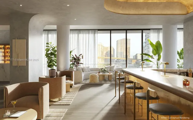 a very nice looking living room with a large window and dining table