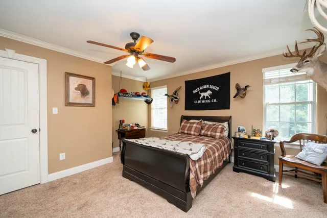 a bedroom with a bed and a television