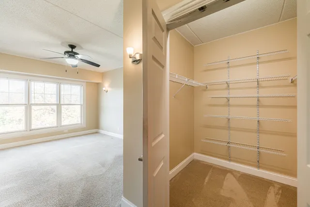 a view of a room with a ceiling fan and shower