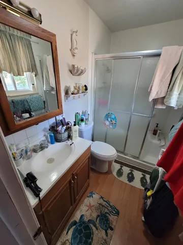 a bathroom with a sink mirror vanity and toilet