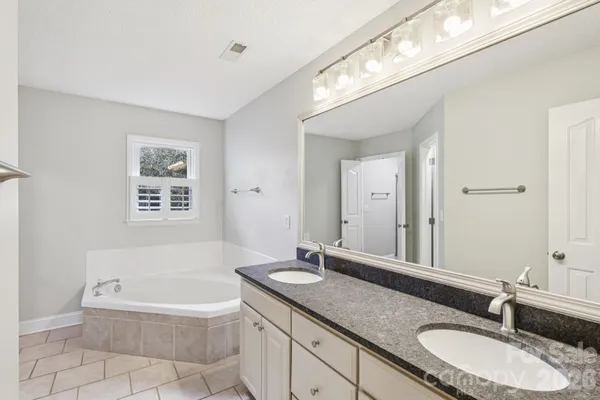 a bathroom with a granite countertop bathtub a double vanity sink and a mirror