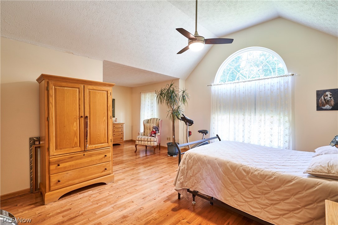 1963 Haines Road Madison, OH 44057 - Photo 9 of 34 Vaulted ceiling with a ceiling fan, arched window, wood-finish flooring, and light-toned walls