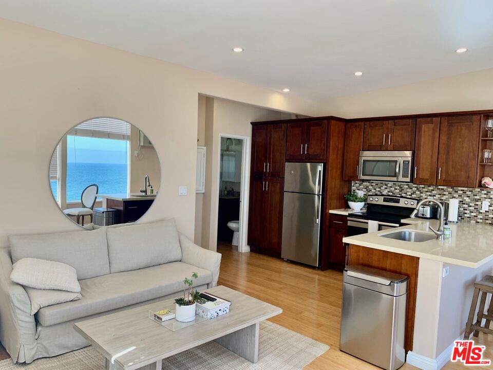 25164 Malibu Road, Unit D Malibu, CA 90265 - Photo 4 of 24 a living room with stainless steel appliances furniture a rug and a kitchen view