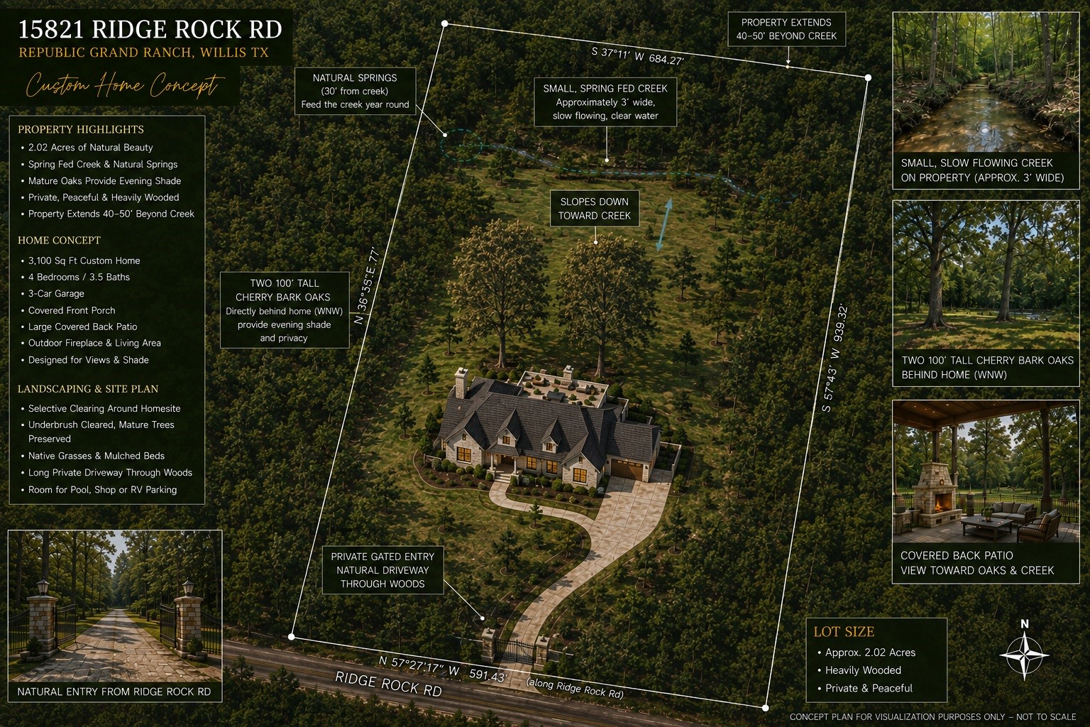 15821 Ridge Rock Road Willis, TX 77378 - Photo 6 of 24 Seller-provided, AI-generated concept rendering illustrates potential use of this 2.02-acre wooded tract. Seller identifies a spring-fed creek, natural springs and two mature cherrybark oaks positioned WNW of the potential homesite. Property boundaries, dimensions, natural features, tree locations and all other representations shown are approximate and have not been independently verified. Concept is for visualization purposes only, not a survey or site plan, and is not to scale.