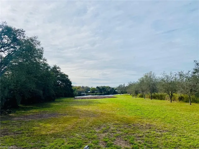 a view of a water fountain and a big yard