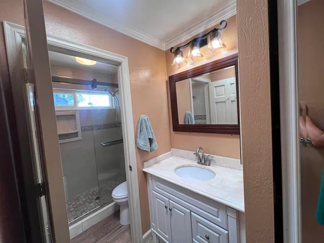 a bathroom with a granite countertop sink toilet a mirror a vanity and shower