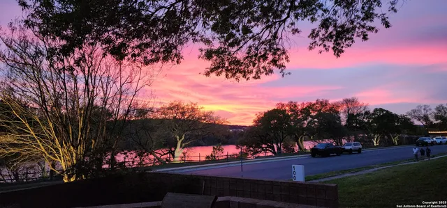 a view of a street with houses and tree in the background