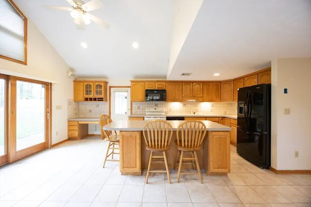 a view of a dining room with furniture