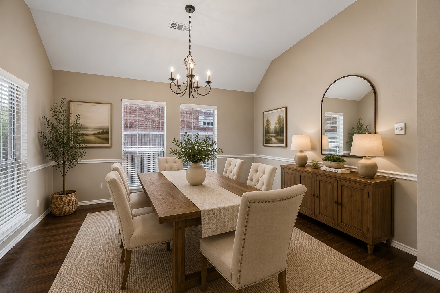 3118 Valley Court Manvel, TX 77578 - Photo 37 of 38 This virtual staged inviting dining room features a warm, neutral palette with elegant seating for eight around a wooden table. It has a stylish chandelier, ample natural light from large windows, and tasteful decor, including a wooden sideboard with lamps and greenery.