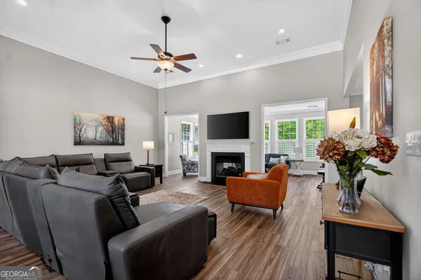 a living room with furniture a fireplace and a potted plant