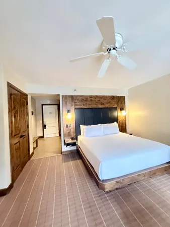 a bedroom with a bed and dresser with mirror