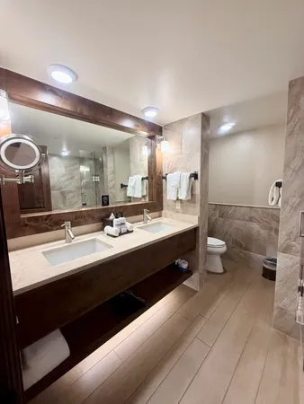 a bathroom with a double vanity sink and a mirror