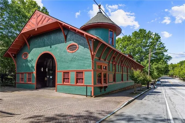 an aerial view of a house with a garden