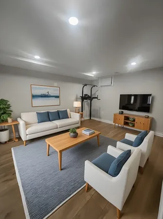 a living room with furniture and a table