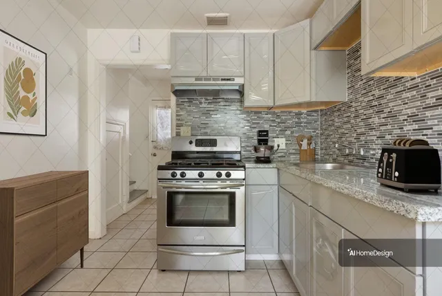 a kitchen with cabinets stainless steel appliances and a counter space