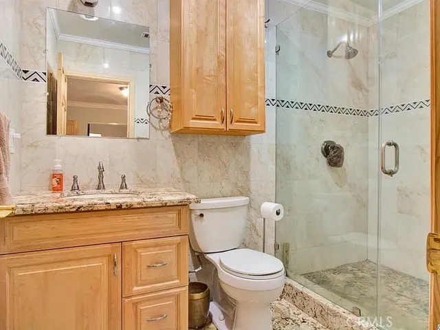 a bathroom with a granite countertop sink a toilet and shower