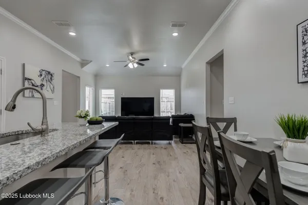 a view of a dining room with furniture