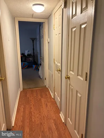 a view of a hallway with wooden floor and closet area