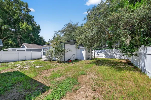 a backyard of a house with plants and large tree