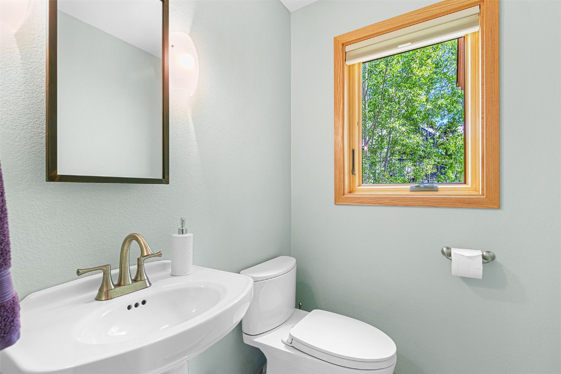 87 Spring Beauty Drive Silverthorne, CO 80498 - Photo 17 of 36 a bathroom with a toilet a sink a mirror and a window