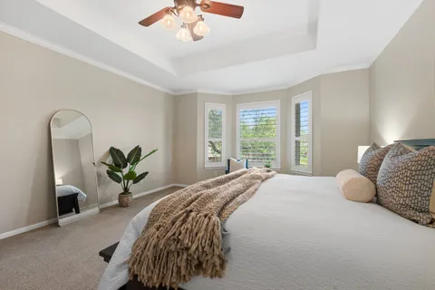 a spacious bedroom with a bed and a potted plant